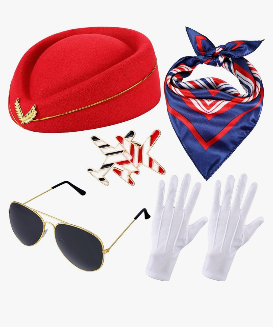 Bencailor 7 Pcs Christmas Women Flight Attendant Costume Accessories Stewardess Outfits Bellhop Hat Scarf Sunglasses Gloves