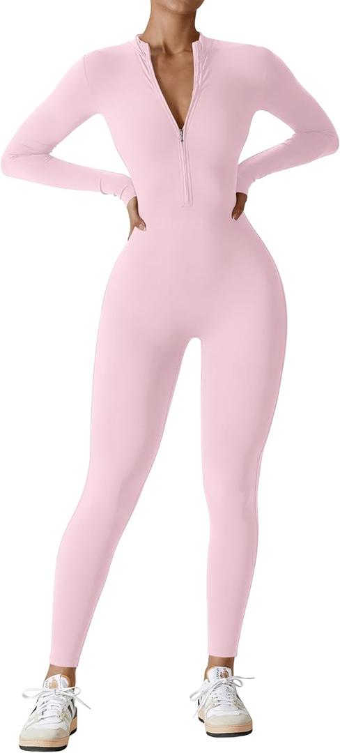 YEOREO Women Long Sleeve Workout Jumpsuit Zip Up Romper Bottom Pants Bodysuit Bodycon Sexy One Piece Icy Pink M