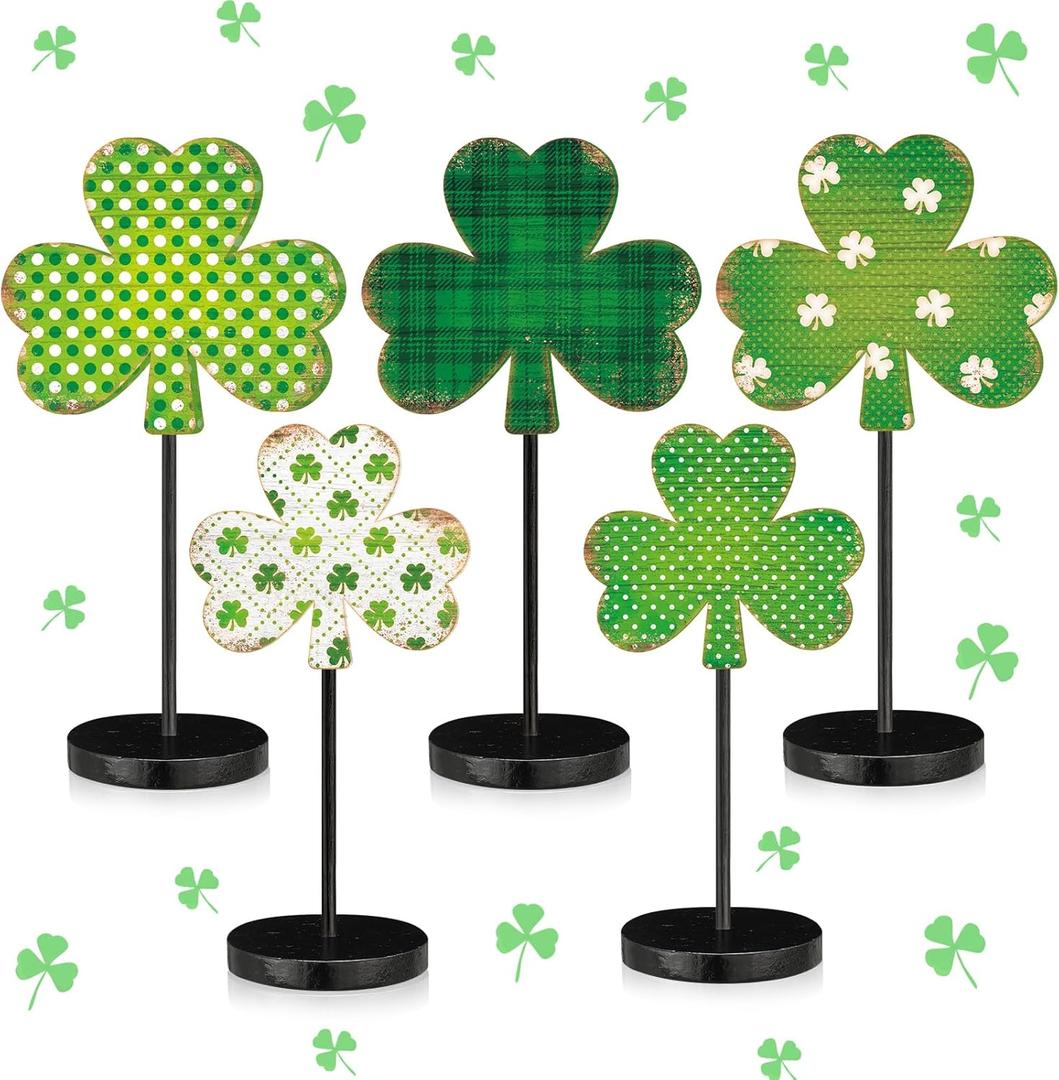 5 Pcs St Patricks Day Decorations Shamrock Wooden Sign Stand Irish Wood Centerpiece Table Decorations Freestanding Clover Signs St. Patrick's Day Decor for Gift Desk Party(Cute Shamrock)