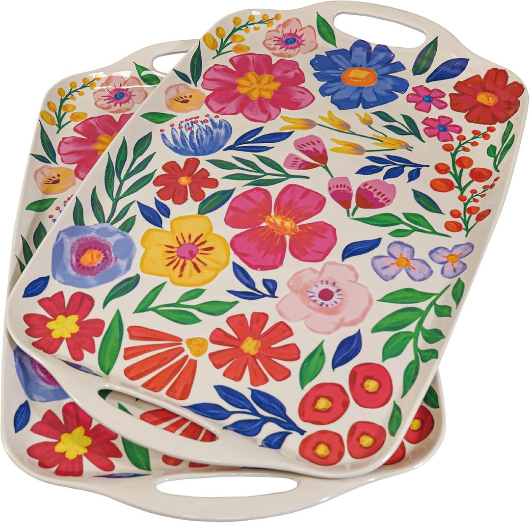TP Large Melamine Serving Trays with Handles, 19" x 12", Set of 2, Floral