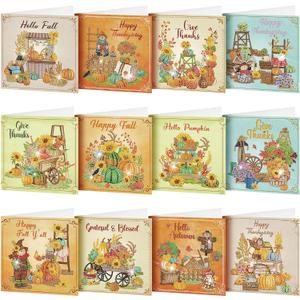 TecUnite 12 Pack Fall Diamond Painting Greeting Card Kits Fall Thanksgiving Diamond Art Cards with Envelopes Pumpkin DIY Crafts Kit Rhinestones Paint Scarecrow Cards for Friend Birthday Gifts