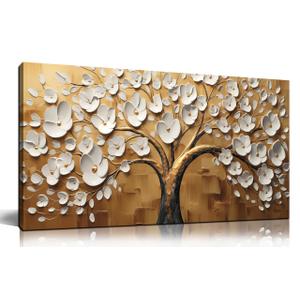 Large Wall Art for Living Room Bedroom Office Tree Art Wall Decor Gold Artwork Tree of Life Wall Art White Flower Framed Wall Decor Modern Canvas Prints 20x40