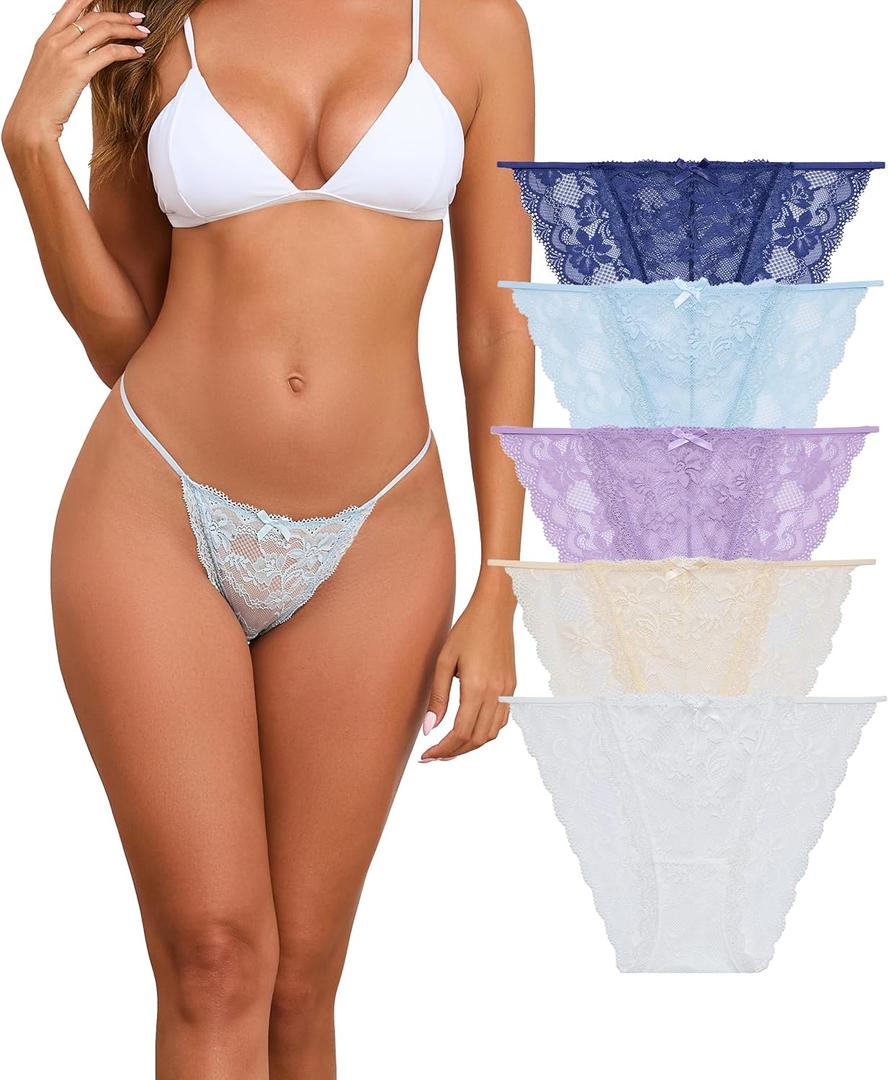 ANLIQI Womens Sexy Lace String Bikini Underwear High Cut Panties Breathable Hipster Panties Lace Cheeky Bikini Panty 5 Pack (Medium)