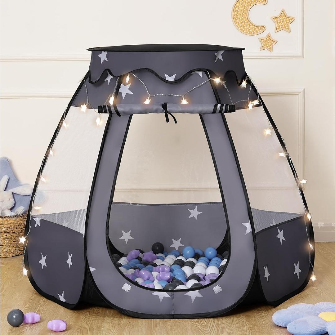 Pop Up Play Tent with Star LightNeutral Toy for Boy Girl Birthday Gifts, Portable Ball Pit with Outdoor Carry Bag, Collapsible Kids Tent for Toddler Indoor Activity Playhouse,NO Balls(Black)