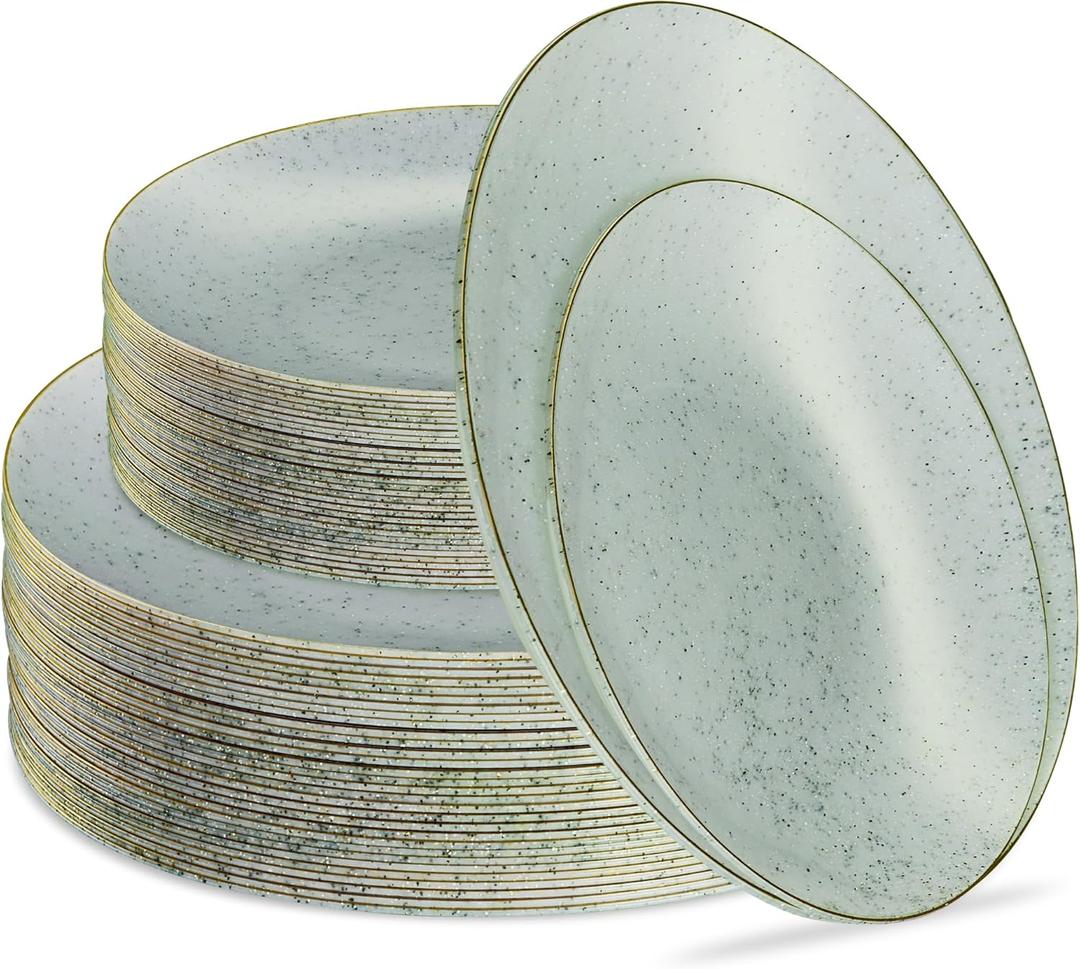 PLASTICPRO 64 Pack Elegant Disposable Plastic Plates Combo Set Includes 32 Dinner Plates and 32 Salad Plate Heavy Duty Fancy Party Plate Green Granite Plates with Gold Rim