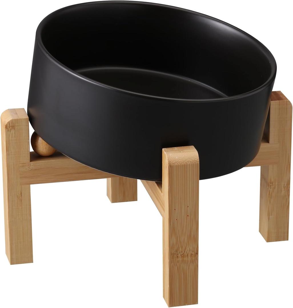 Black Elevated/Raised 15Tilted Anti Slip Ceramic Dog Bowl for Small/Medium Breeds,Slanted Bulldog Big Face Pet Food Water Feeding Dish with Stand for Cats and Dogs (3.6 Cups/28 OZ)