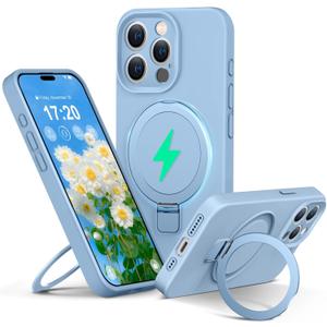 Liquid Silicone Case for iPhone 15 pro MAX with Magnetic Ring Stand, Upgraded Camera Lens Protection, Mil-Grade Drop Shockproof, Anti-Scratch Microfiber Lining Silicone Case (Azure Blue)