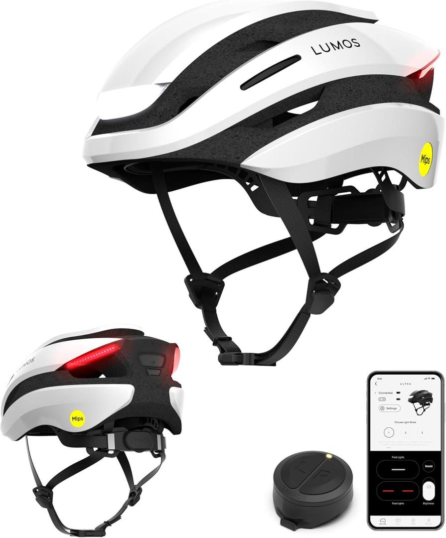 Lumos Ultra Smart Bike Helmet | Customizable Front and Back LED Lights with Turn Signals | Road Bicycle Helmets for Adults: Men, Women (M-L (21-1/4 to 24 / 54 to 61cm), Jet White with MIPS)