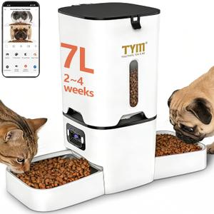 TYM Automatic Cat Feeder with 2 Camera for 2 Cats, 7L Dog Food Dispenser with Night Vision 2K 4MP, 5G WiFi Dual Auto Cat Feeder with Smart App for Multiple Cats & Small Dogs, Detachable for Clean