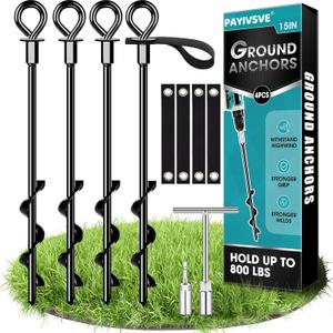 Ground Anchors Screw in 4Pcs, Trampoline Stakes Anchors with Straps Resistant High Wind, Earth Anchor for Swing Set, Tent, Trampolines, Carport, Canopies(4x15in)
