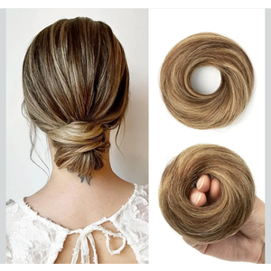 Hairpieces for Updos Stretch Bun Maker Elastic Band Human Hair Buns Women's No-Slip Design Messy Bun Piece Double Ponytail Buns Styling Essentials (5.5"16g, sP4-27 Medium Brown&Dark Blonde)