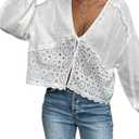 Verdusa Women's Boho Eyelet Button Down Blouse Long Lantern Sleeve Crop Tops (Large, White)