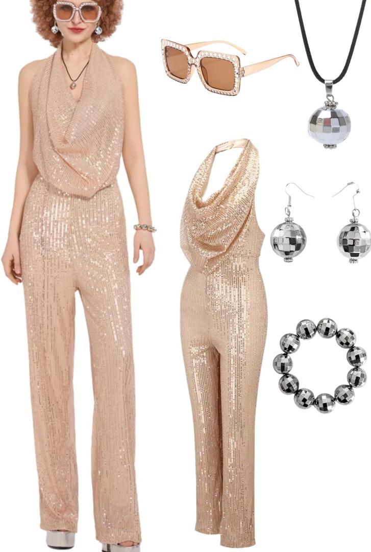 Gold 70s Disco Costume: Women's Sequin Backless Halter Neck Jumpsuit with Disco Ball Accessories