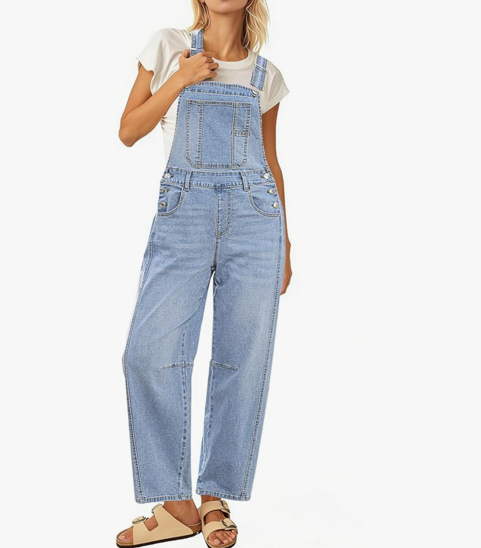 luvamia Denim Overalls for Women Barrel Leg Baggy Loose Fit Bib Stretchy Jean Jumpsuit Adjustable Strap Casual Overall, S