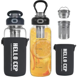 34oz Glass Water Bottle with capacity Mark & Stainless Steel Tea Strainer-Large Capacity for Hot/Cold Drinks, Coffee, Tea, and Water-Includes Protective Sleeve, Perfect for Home, Office (34oz2PCS)