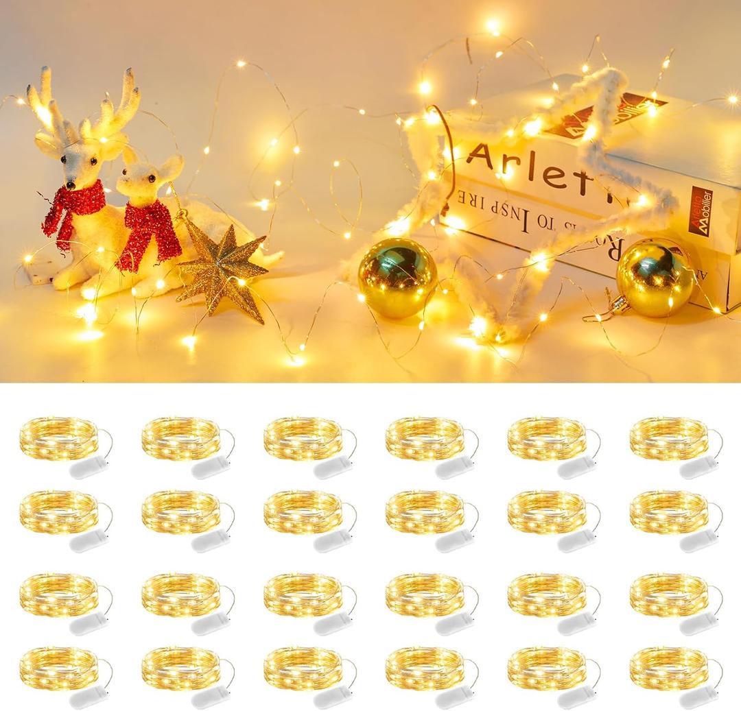 Brightown 24 Pack Fairy Lights Battery Operated String Lights - 7 ft 20 LED Mini String Lights Waterproof Silver Wire Firefly Lights for Vases Mason Jars DIY Crafts Plants Table Centerpieces Wedding (Warm White)