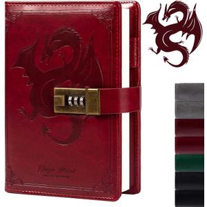 TIEFOSSI Dragon Leather Journal Notebook, Diary with Combination Lock, Lined/Blank Paper Notebook, B6 Writing Journals Stationery (Wine)