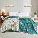 Boho Throw Blanket for Bed 50x60, 100% Cotton Woven Blanket for Couch Sofa, Ultra Soft 4-Layer Muslin Quilt with Floral Printed, Farmhouse Bed Blanket/Cover for Living Room Decor