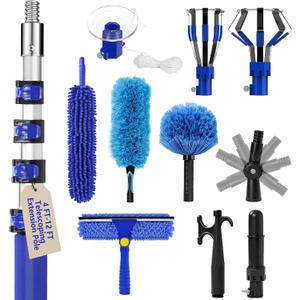 20FT Light Bulb Changer for High Ceilings with 5-12FT Heavy Duty Extension Pole,High Ceiling Fan Duster Extendable Reusable Cobweb,Feather,Window Cleaning Squeegee Kit for Home & House,Interior Roof