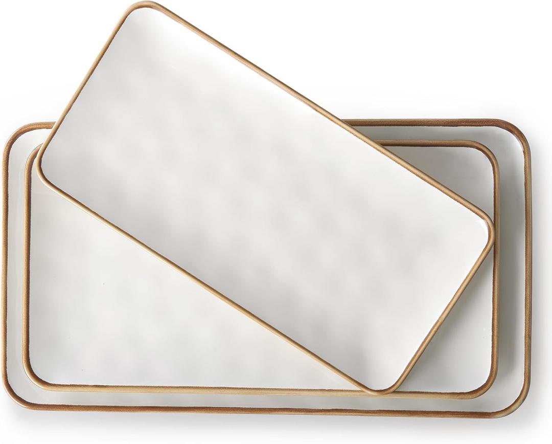 Ceramic Rectangle Serving Platter with Brown Rim: 15.6/14.1/12.6 Inch Large Serving Dishes for Entertaining Party, Sushi, Turkey, Cheese, Snack and Dessert, Microwave Dishwasher Safe (White)