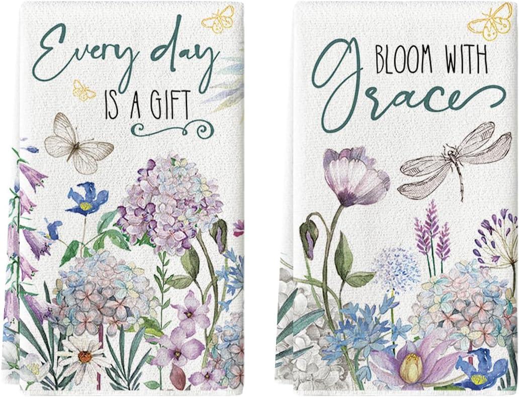 Artoid Mode Hydrangea Lavender Daisy Spring Kitchen Towels Dish Towels, 18x26 Inch Farmhouse Butterfly Floral Decoration Hand Towels Set of 2