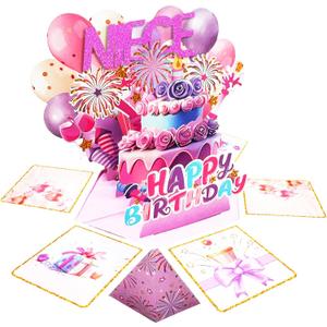 2 x 3D Pop Up Birthday Card Gifts for Niece, Explosion Box Greeting Card with Cake, Balloons & Gifts, Funny Niece Birthday Card (AS 202)