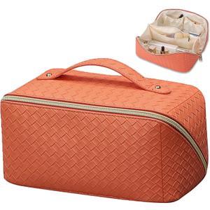 Large Capacity Travel Cosmetic Bag with Compartment - Waterproof PU Leather Portable Checkered Makeup Organizer Bag for Women and Girls - Orange
