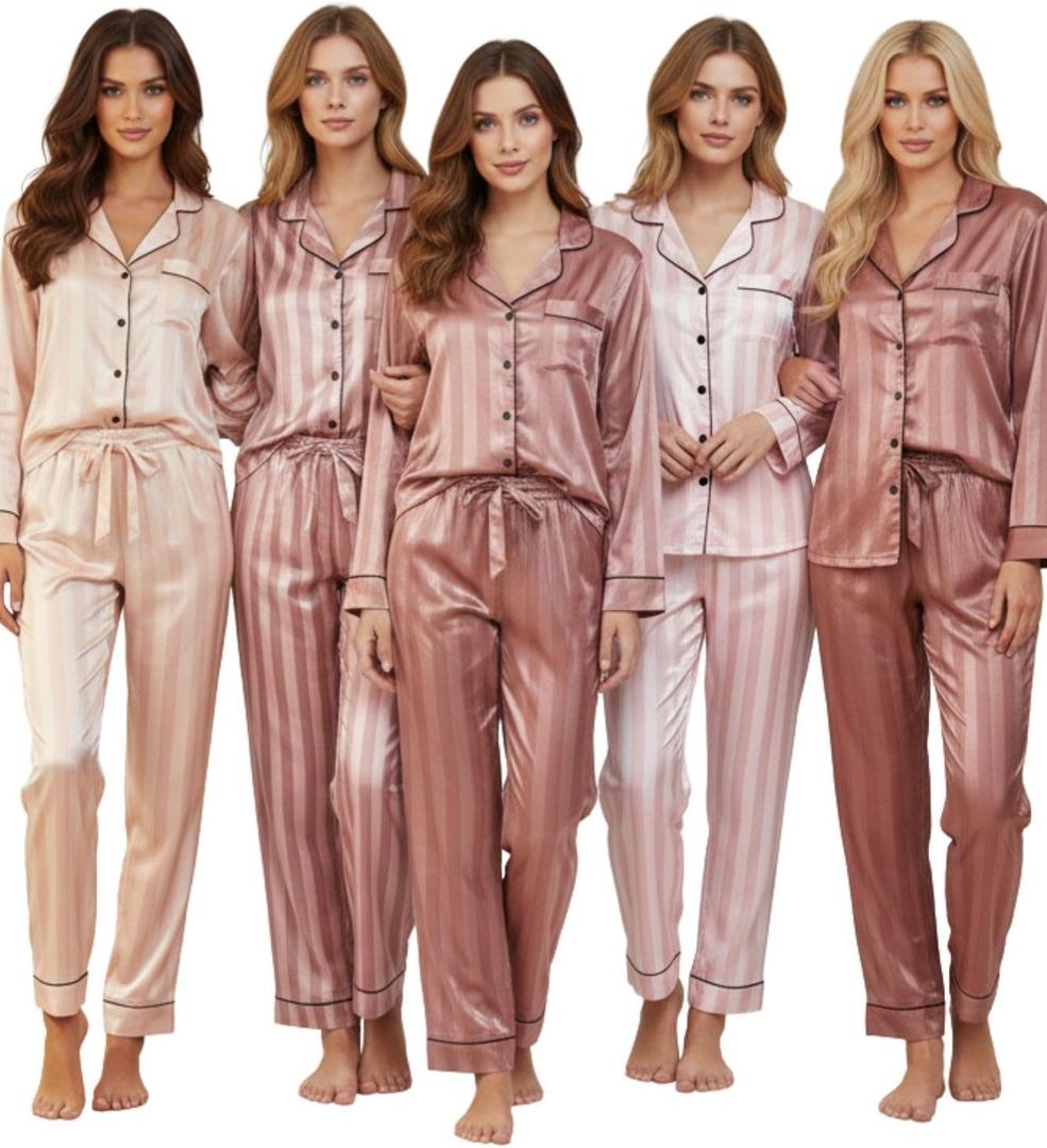Satin Pajama Set Christmas Red & Pink Striped PJs for Women & Men, Long Sleeve Button-Up Top with Pants