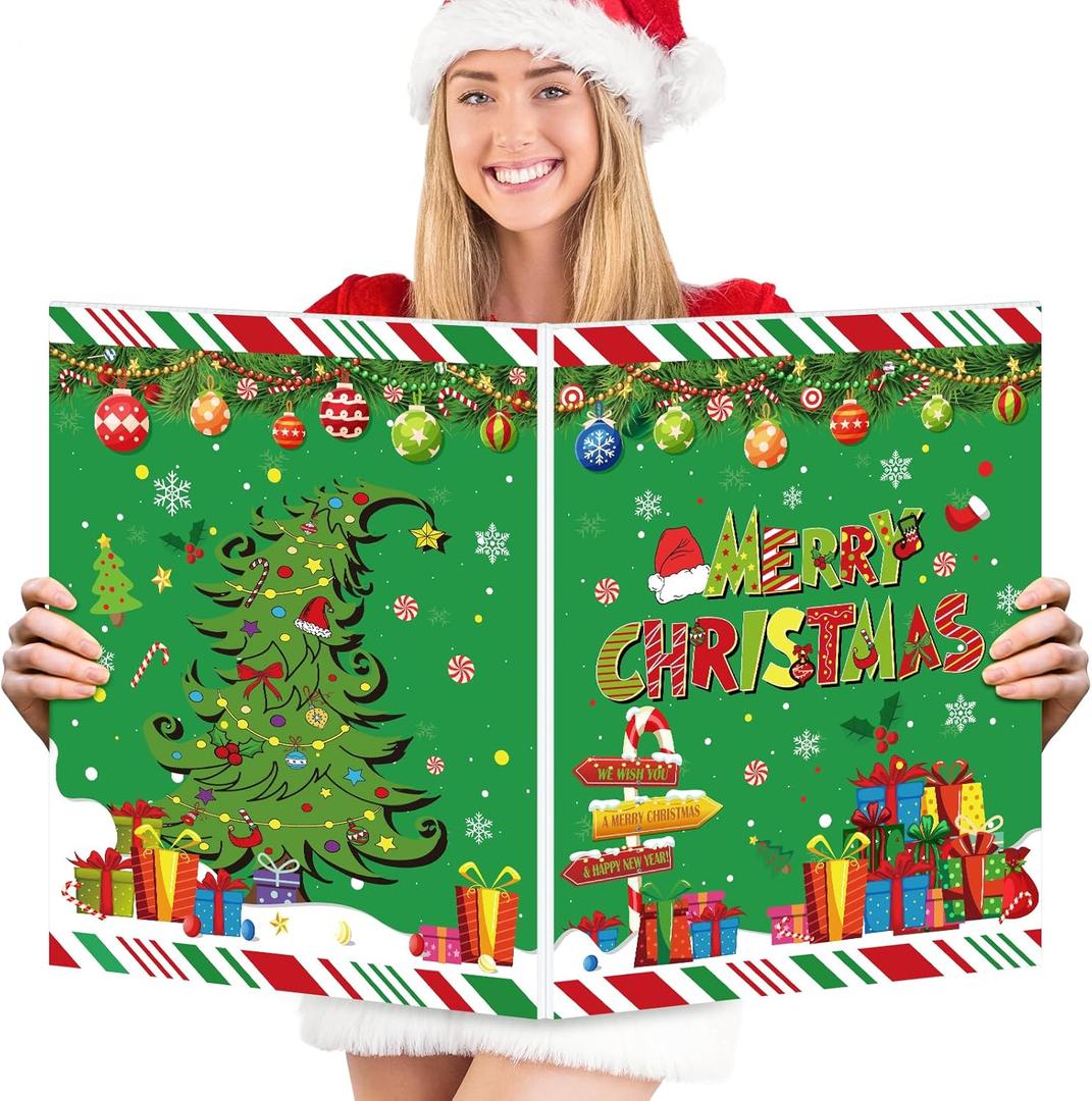 Large Merry Christmas Greeting Card 14 x 22 Inch, Red Green Jumbo Christmas Card Giant Guest Book Big Christmas Decor Card, Plastic Christmas Gift Card for Christmas and New Year Holiday Party Decor