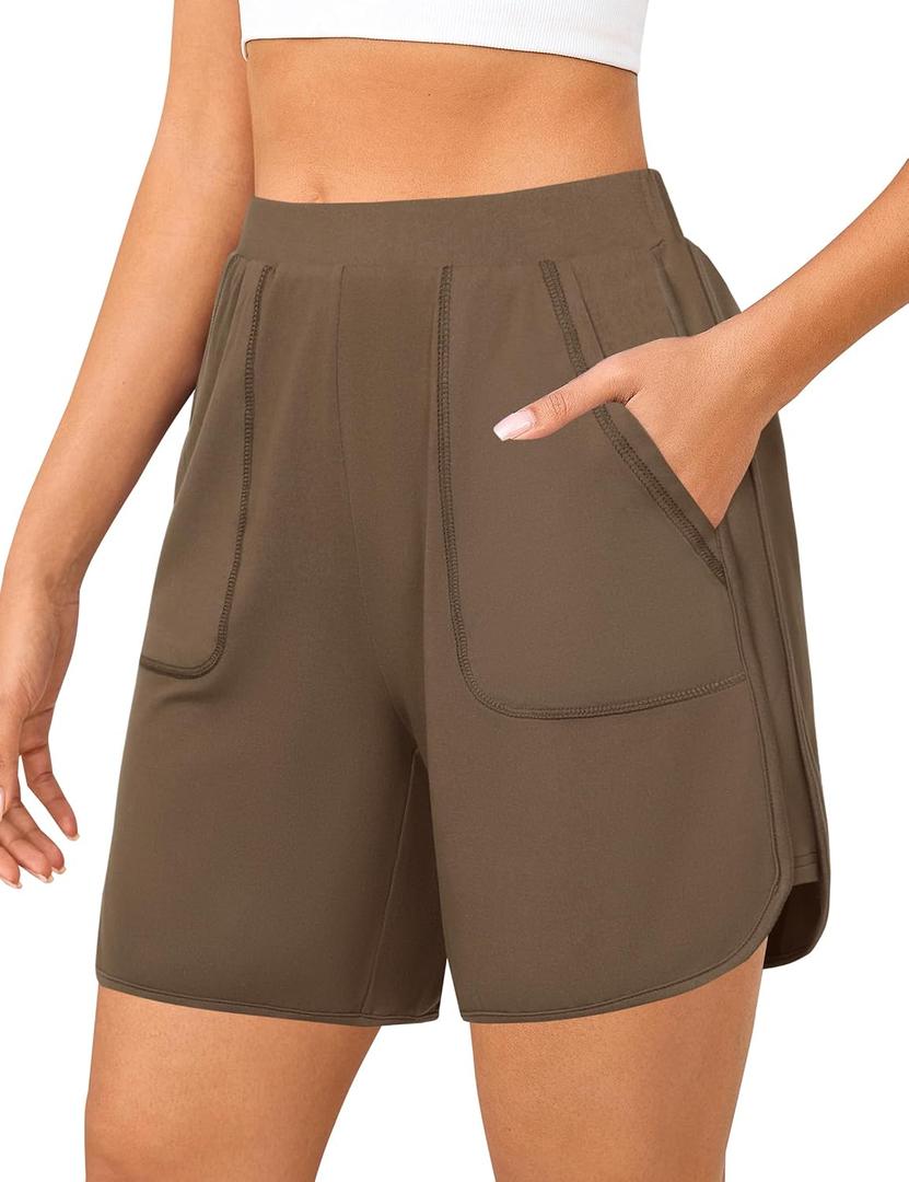 Quenteen Womens Sweat Shorts Casual Summer Loose Athletic Short Lounge Running Elastic Waist Shorts with Pocket (Brown, XXL)