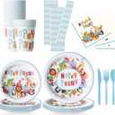 200 pcs Happy Birthday Party Supplies,Jungle Safari Theme Happy Party Decorations, Zoo Animal Dinnerware Plates, Napkins, Cups, and Cutlery (Serves 25)
