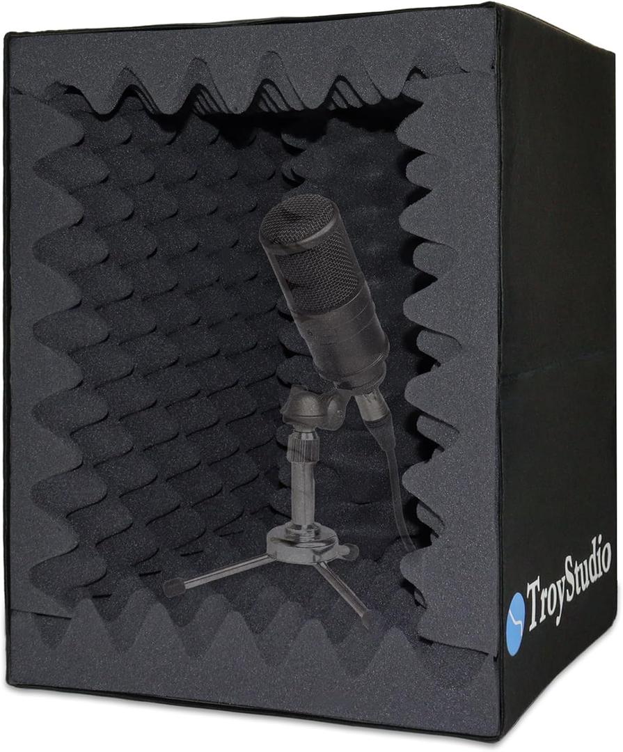 TroyStudio Portable Vocal Booth, Large Foldable Microphone Isolation Shield, Music Recording Studio Sound Echo Absorbing Box, Desk & Stand Use Reflection Filter with Thickened Dense Acoustic Foam (Small Size)