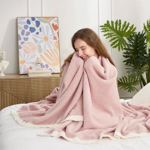 Snuggle Sac Pink Throw Blanket for Couch Bed Sofa 60x80 inches, Reversible Pink Blanket Microfiber Fluffy Fuzzy Cozy Knit Twin Blanket for Women Mothers Birthday Gifts