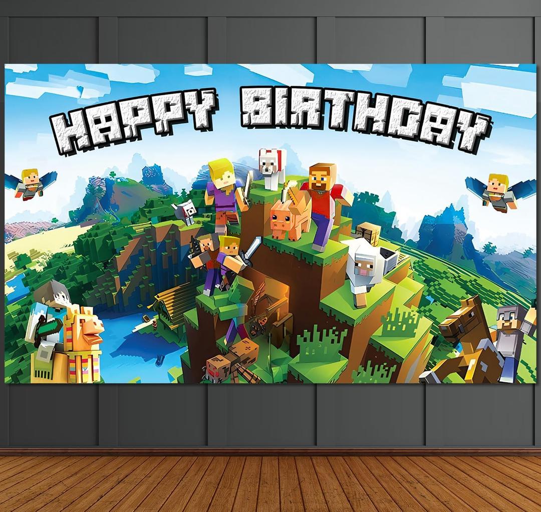 Pixel Backdrop Happy Birthday Banner Boy 5x3ft Miner Bday Sign Villager Gaming Birthday Party Decorations Videogame Themed Banner Video Game Decorations Video Game Backdrop for Boys