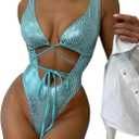 Women's Metallic Snakeskin One Piece Swimsuits Rave Outfit Bathing Suits (Blue)