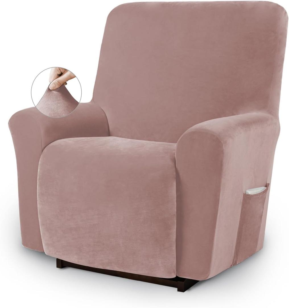 Asnomy Recliner Chair Covers Lazy Boy Recliner Covers with Pockets Stretch Velvet Couch Cover Slipcover 1-Piece Furniture Protector for Dogs Cats (Recliner, Pink) 34"D x 33"W x 37"H