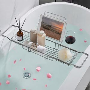 Stainless Steel Bathtub Caddy Tray, Expandable Bath Tub Table, Adjustable Bathroom Tray, Bath Organizer Tub Shelf,Silver,26.8~35.4in