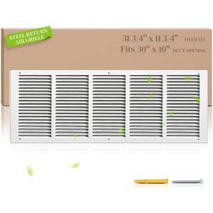 30"W x 10"H Return Air Grille [Duct Opening Size], Steel HVAC Return Air Vent Cover for Wall & Ceiling, White Powder-Coated Rust-Resistant AC Cold Air Return, Outer Dimensions 31.75"W x 11.75"H