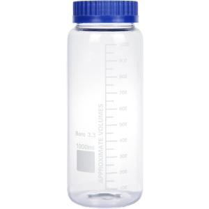 2 Pack 1000 mL Wide Mouth Graduated Round Borosilicate Reagent Media/Storage Lab Glass Bottle With GL70 Blue Polypropylene Screw Cap