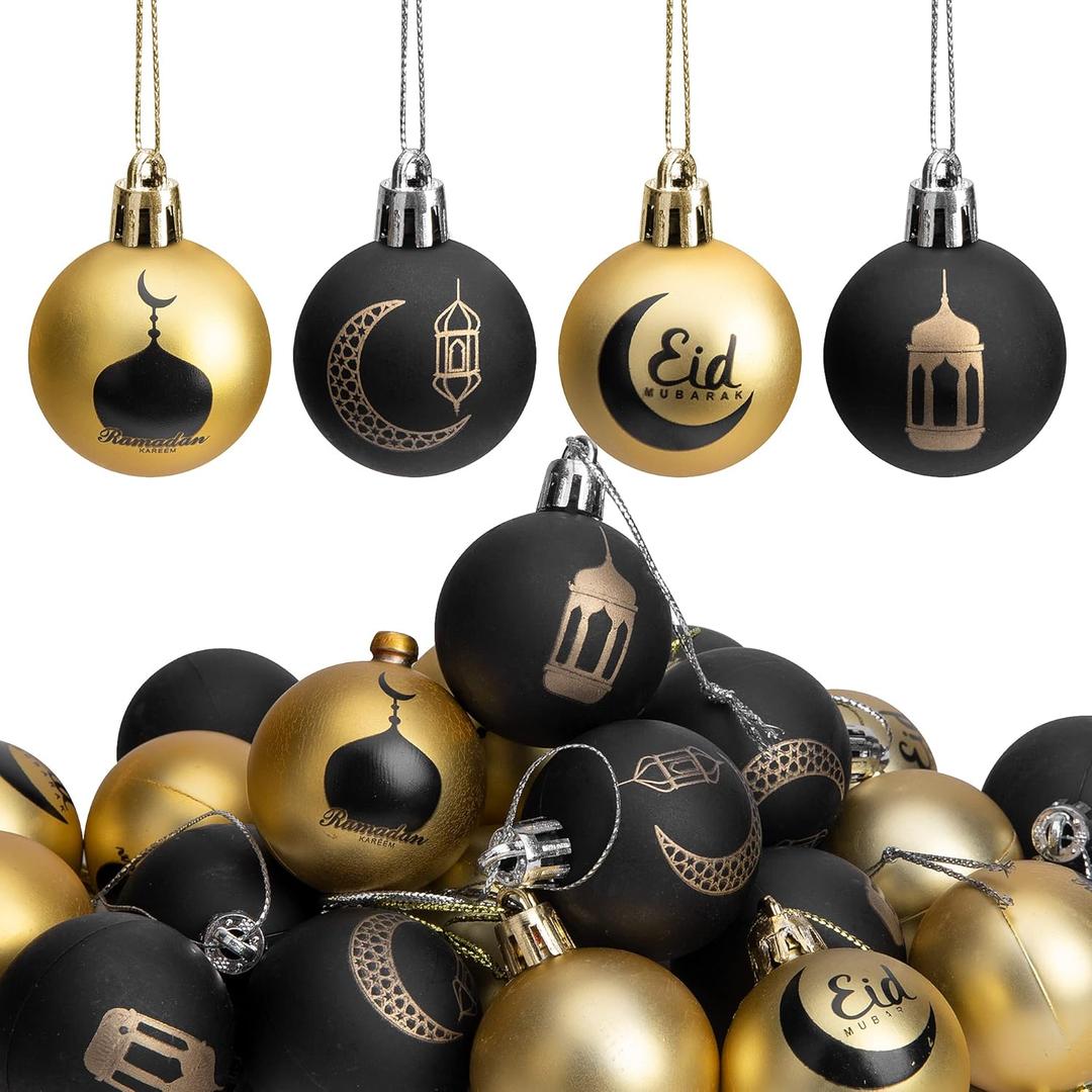 24 PCS Ramadan Ornament Ball, 1.57" Black Gold Eid Mubarak Hanging Balls, Ramadan Mubarak Ornaments for Islamic Muslim Tree Party Decor
