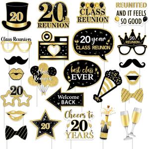 24PCS Class Reunion Photo Booth Props Black Gold 20th Class Reunion Decorations Class of 2006 Reunion Decorations Class Reunion Selfie Props for High School Reunion Welcome Back Party