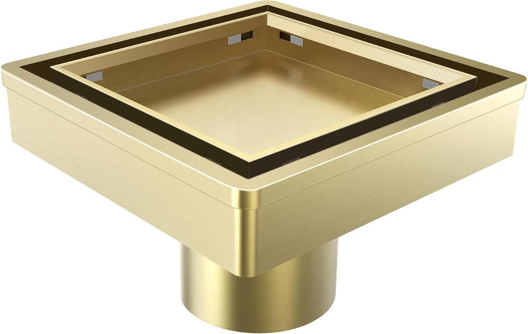 4 Inch Gold Shower Drain, Modern 2-in-1 Tiled Shower Drain - 304 Stainless Steel Square Shower Floor Drain for Bathroom, Brushed Gold Drain Shower with Tile Insert Grate Removable, Hair Strainer
