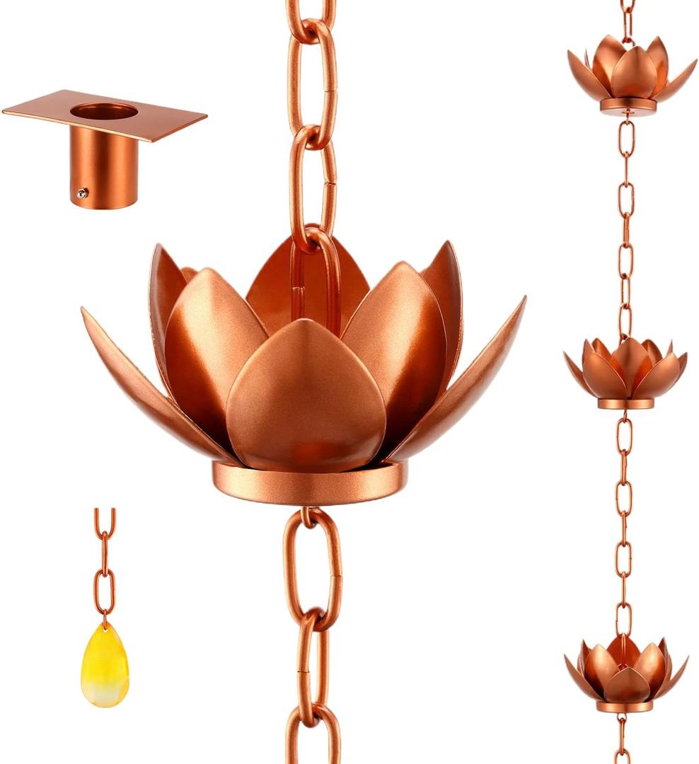 Oak Leaf Rain Chain with Adapter, 8.5ft Adjustable Lotus Rain Catcher Chain for Gutters Outside Downspout, for Divert Water and Home Display, Copper Powder Coated