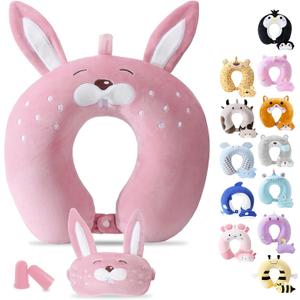 Cirorld Travel Pillow for Kids Adult Cute Neck Pillow for Traveling Memory Foam Airplane Pillow Sleep Mask Animal Flight Pillow Head Rest Neck Support for Cars Long Flights (Rabbit, 9-12 Y/O)