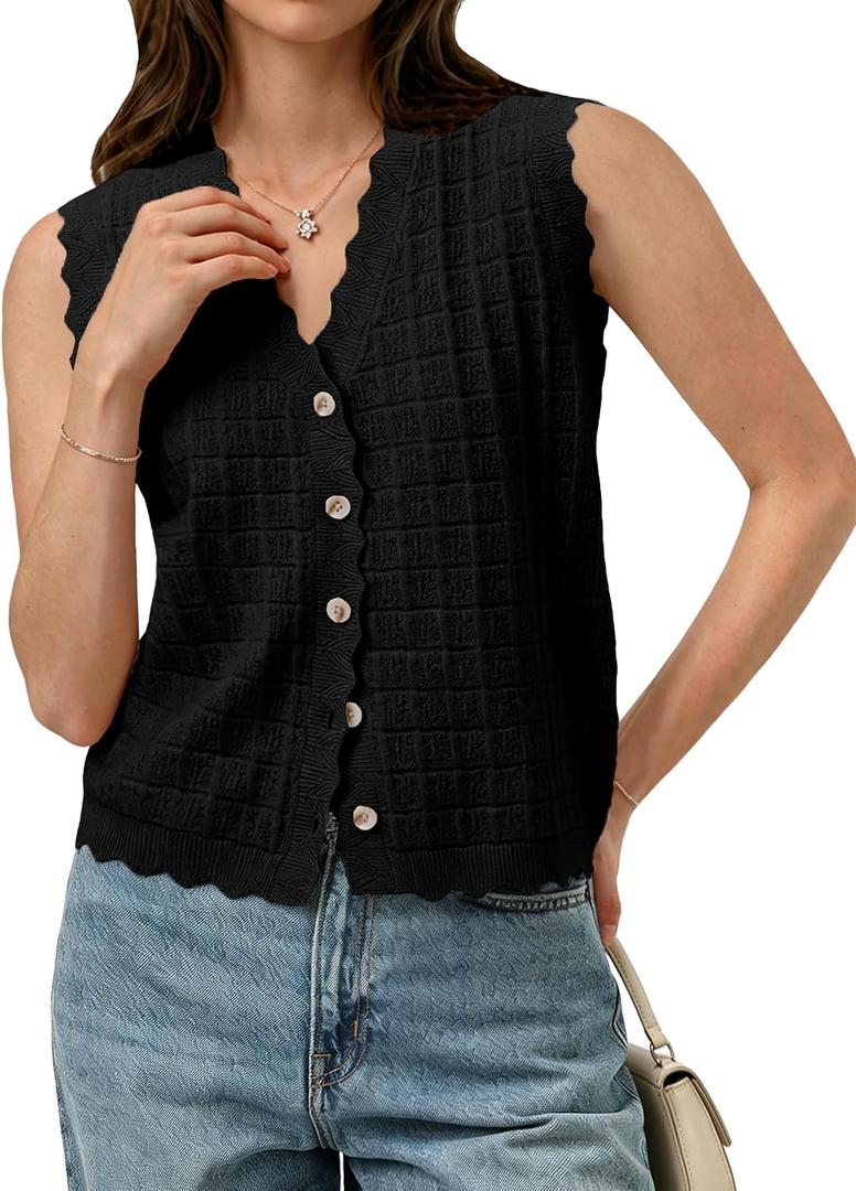 Trendy Sweater Vest Waffle Knit Top Vest V Neck Cardigan Sweater Casual Sleeveless Tops Cute Ruffle Vest (Black, L)