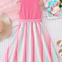 Hilinker Girls Rainbow Sleeveless Pleated Dress Summer Tie Knot Tank Dresses with Belt Pink Multicolor 11-12 Year (Pink)