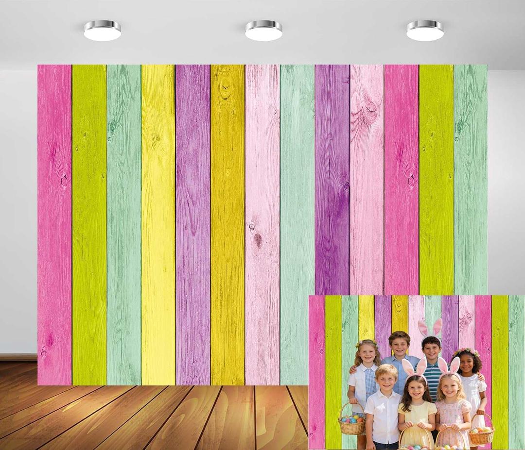 XCKALI Colorful Wood Photography Background Colorful Rustic Wooden Texture Easter Backdrop Party Decor Photo Props (8x6ft)