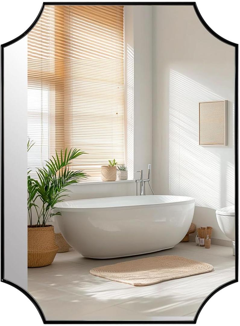 ANDY STAR Matte Black Bathroom Mirror, 22x30'' Scalloped Mirror for Bathroom, Unique Rectangle Bathroom Mirror in Premium Stainless Steel Frame, Deep 1", Ideal for Limited Space