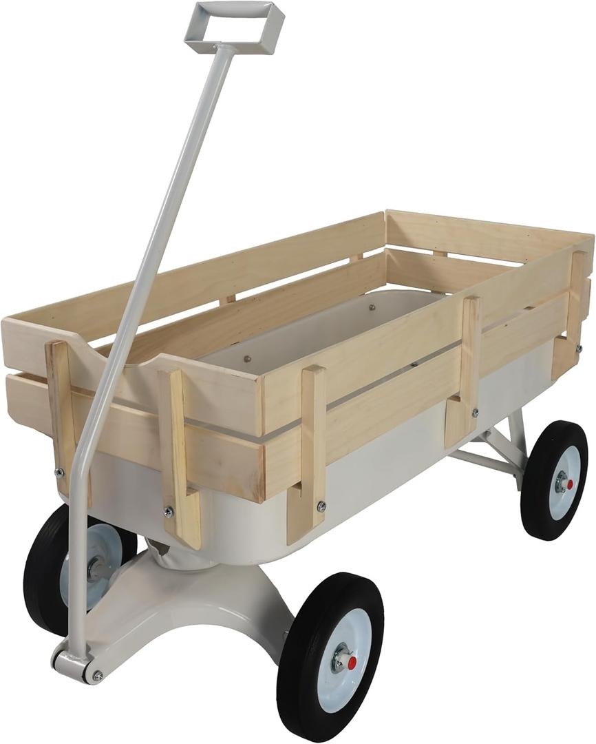 ZeHuoGe Outdoor Sport Wagon All Terrain Pulling w/Removable Wooden Side Panels, Solid Tires Big Foot Panel Wagon,Pull-Along Wagons (White)