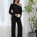 BWQ Sexy 2 Piece Outfits for Women Long Sleeve Wide Leg Pants Casual Lounge Matching Sets (Black, S)